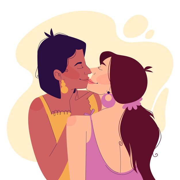 Поцелуй лесбийской пары в плоском дизайне