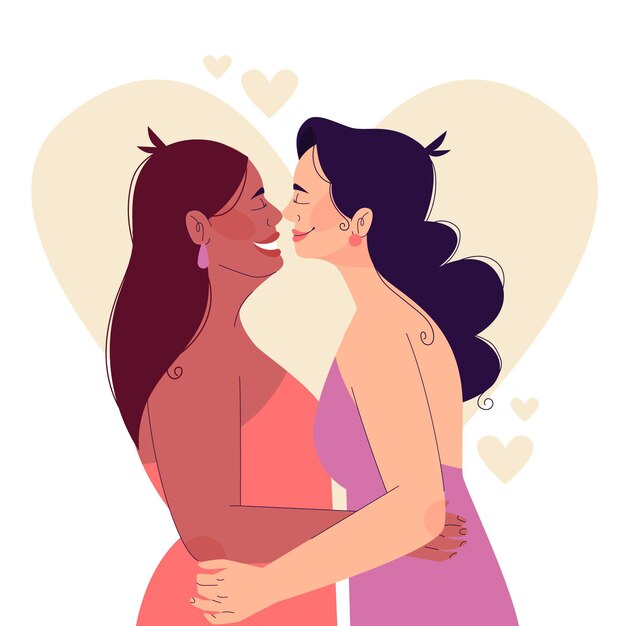 Flat design lesbian couple kiss illustrated