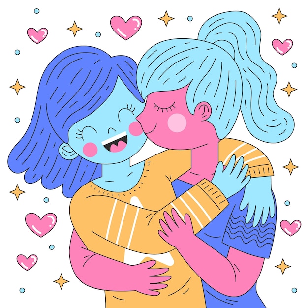 フラットなデザインのレズビアンのカップルのキスのイラスト