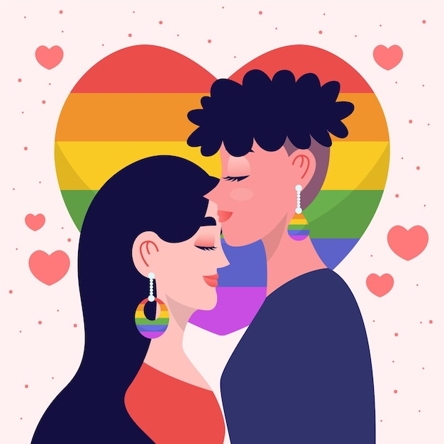 Flat design lesbian couple kiss illustration