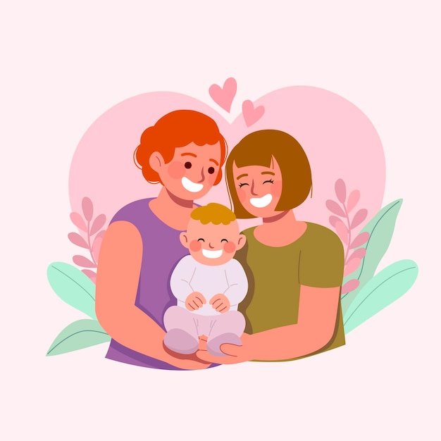 子供とフラットなデザインのレズビアンのカップル