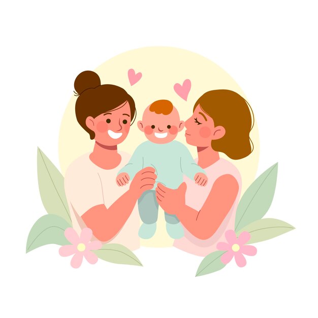 Flat design lesbian couple with child