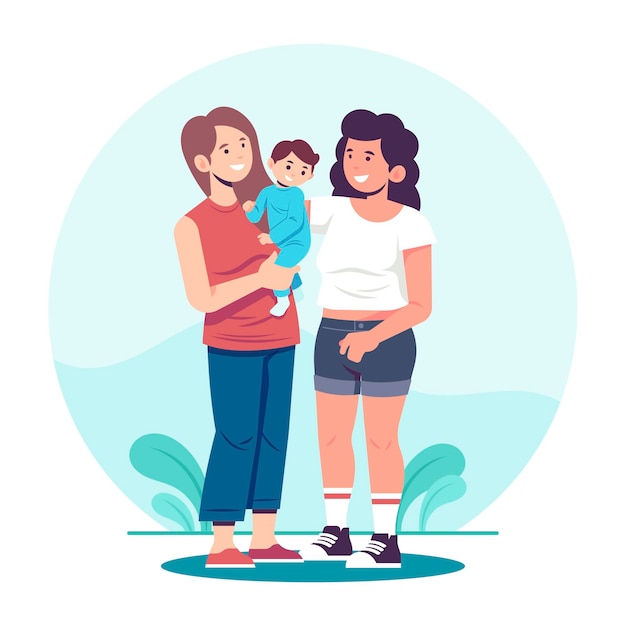 Free vector flat design lesbian couple with their kid