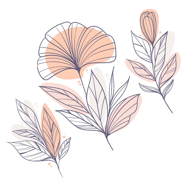 Design piatto di foglie e fiori lineari
