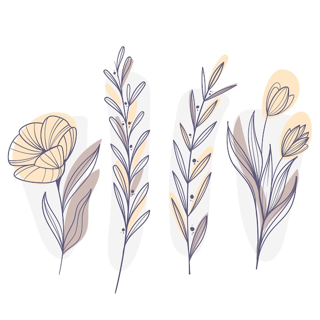 Free vector flat design of linear leaves and flowers