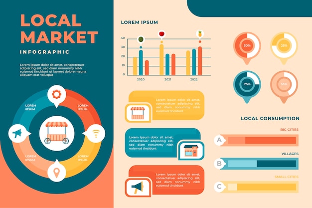 무료 벡터 평면 디자인 현지 시장 infographic 템플릿