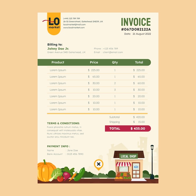 Flat design local market invoice template
