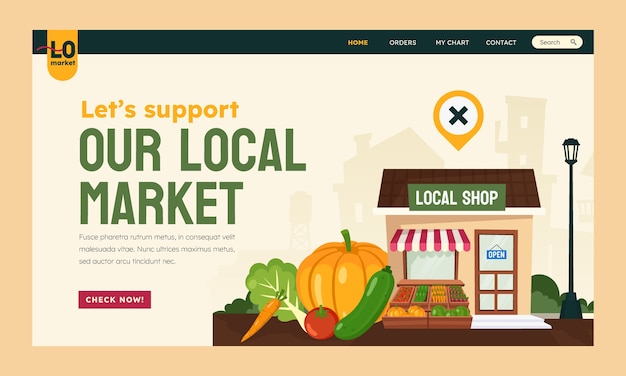 Бесплатное векторное изображение Целевая страница местного рынка с плоским дизайном