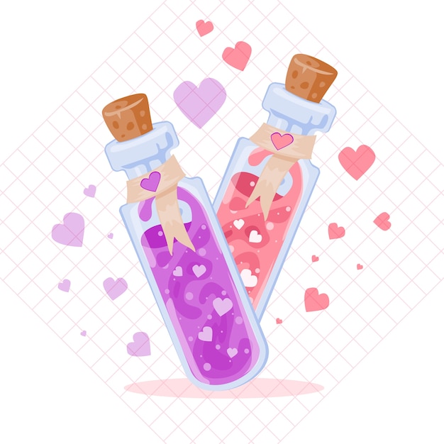 Vettore gratuito illustrazione di bottiglie di pozione d'amore design piatto