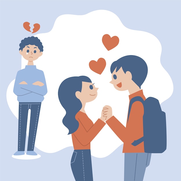 Flat design man being jealous at couple illustration