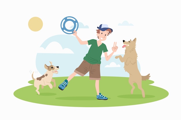 Flat design man playing with dogs