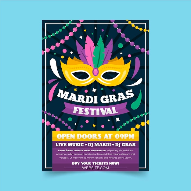 Free vector flat design mardi gras flyer template