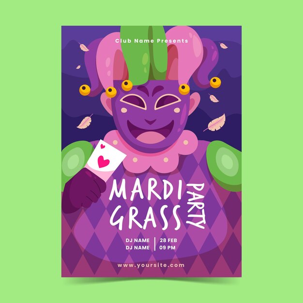 Vettore gratuito modello di poster mardi gras design piatto