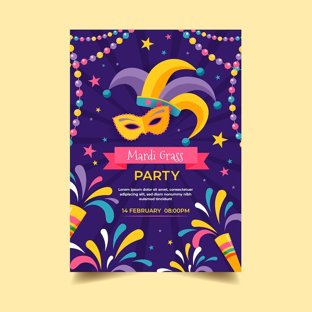 Vettore gratuito modello di poster mardi gras design piatto