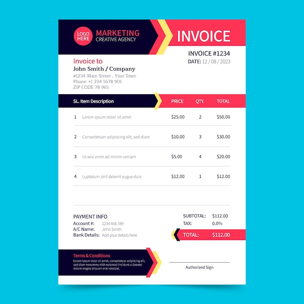 Free vector flat design marketing agency invoice template