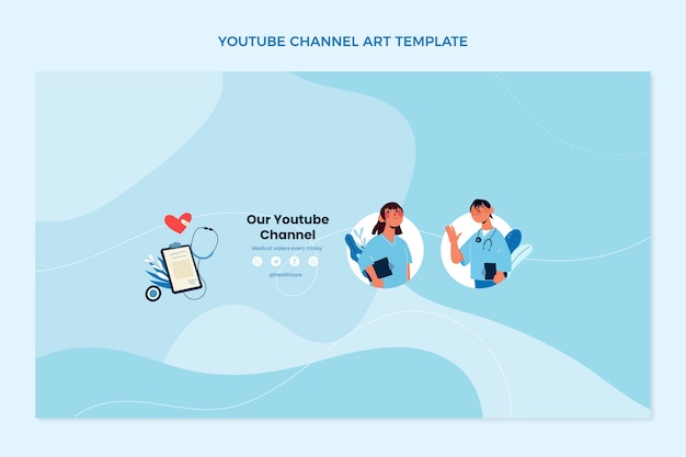 Vettore gratuito arte del canale youtube di cure mediche dal design piatto