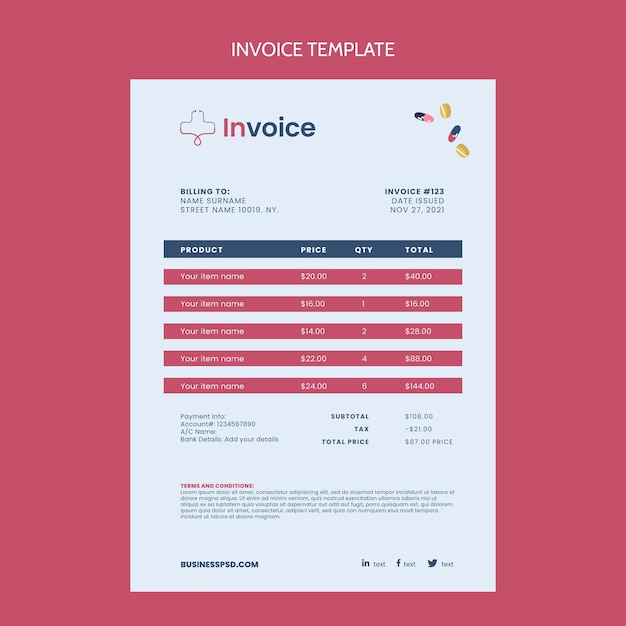 Free vector flat design medical invoice template