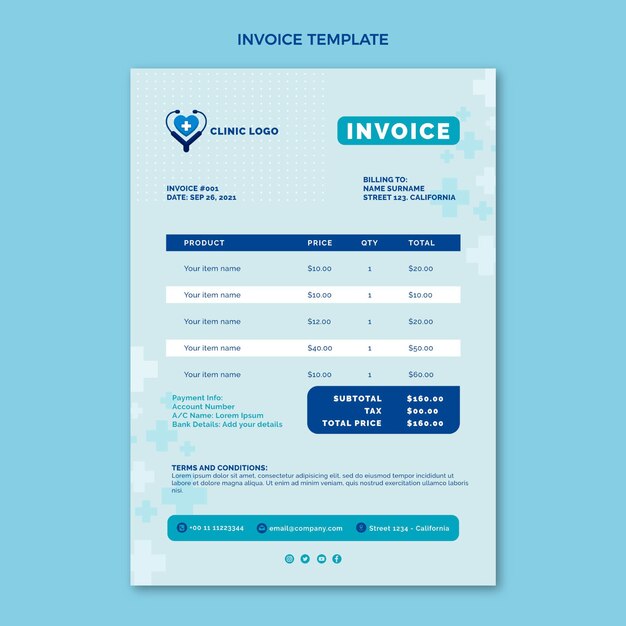 Шаблон медицинского счета в плоском дизайне