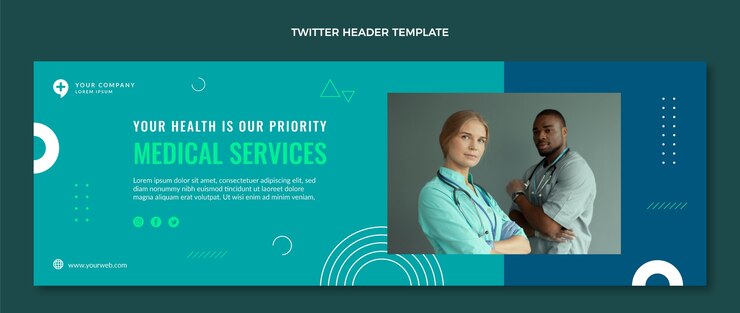 Бесплатный Вектор плоский дизайн заголовка twitter медицинских услуг