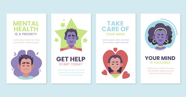 Free vector flat design mental health instagram stories