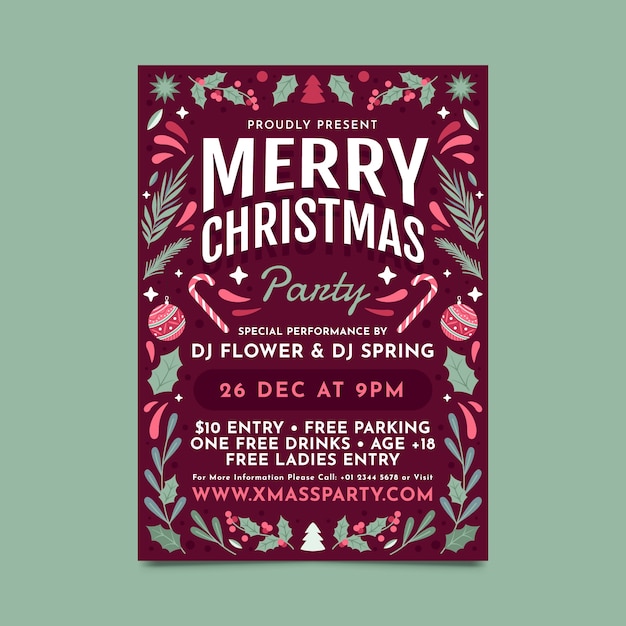 Flat design merry christmas party poster template