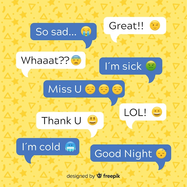 Vettore gratuito bolle di messaggi design piatto con emoji lungo espressioni