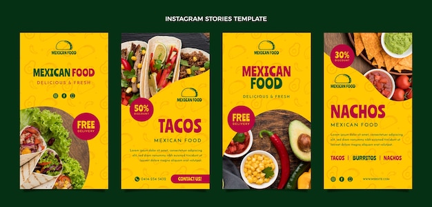 フラットデザインのメキシコ料理のインスタグラムストーリー Premiumベクター