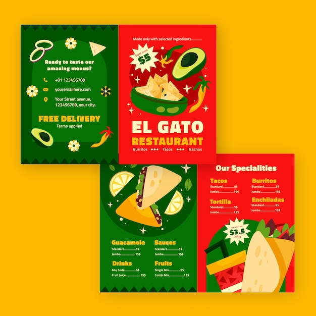 Free vector flat design mexican restaurant brochure template