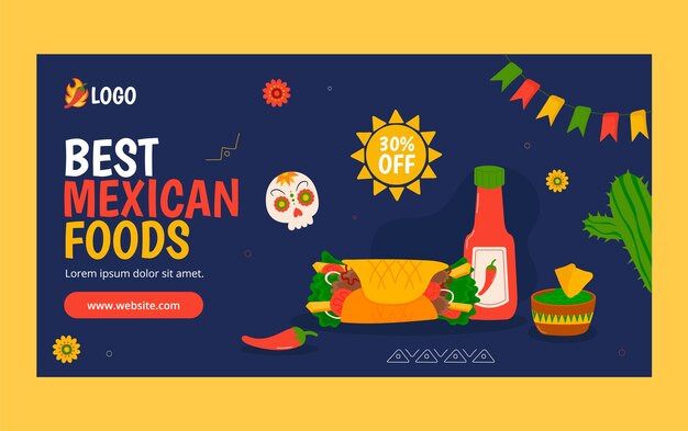 Flat design mexican restaurant facebook template