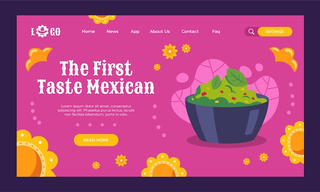 フラットなデザインのメキシコ料理レストランのランディング ページ テンプレート