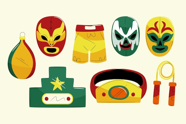Vettore gratuito collezione di elementi di wrestler messicano dal design piatto