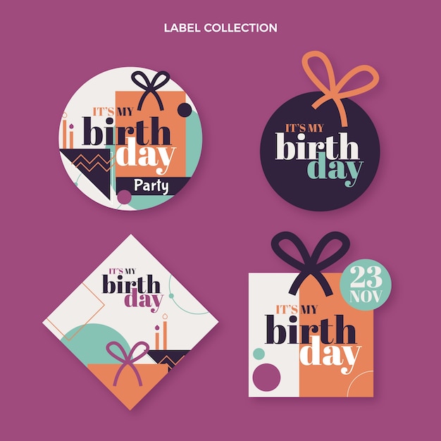Vettore gratuito etichetta e distintivi di compleanno minimi dal design piatto