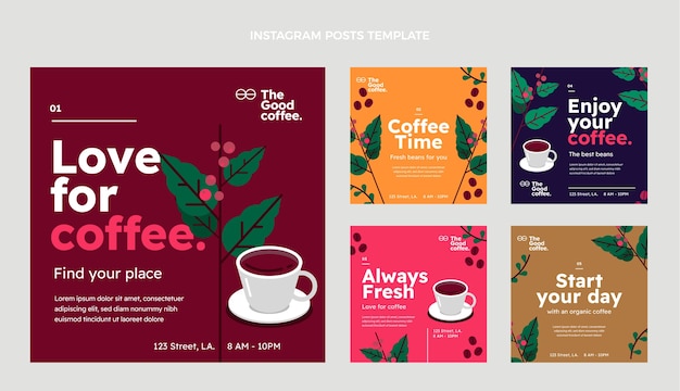 Vettore gratuito post instagram design piatto minimal coffee shop