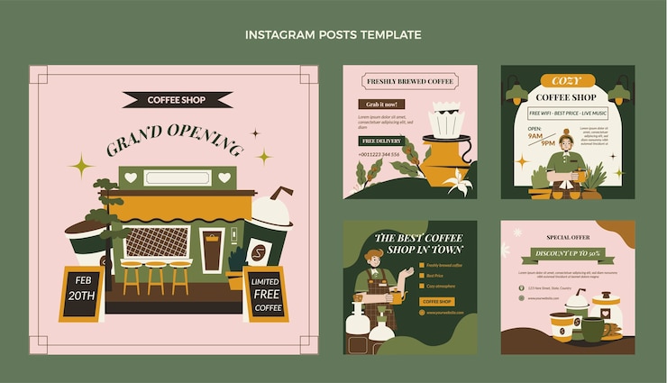 無料Vector フラットデザインのミニマルコーヒーショップinstagramの投稿