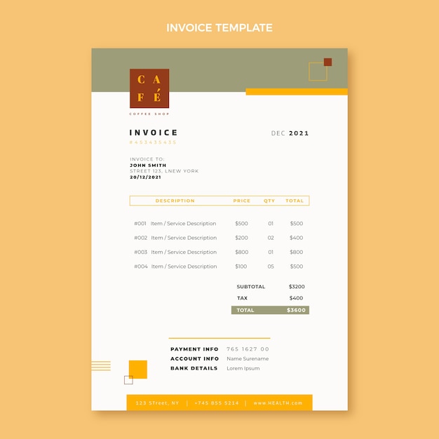 フラットデザインの最小限のコーヒーショップの請求書テンプレート