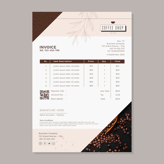 Flat design minimal coffee shop invoice template