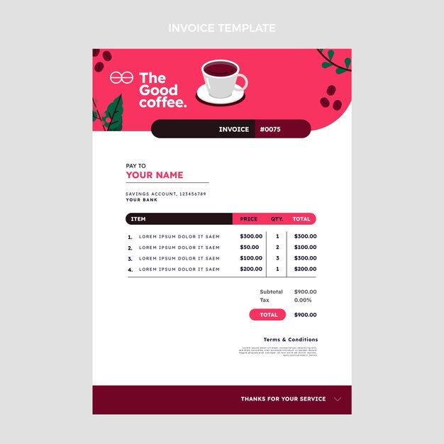 Flat design minimal coffee shop invoice