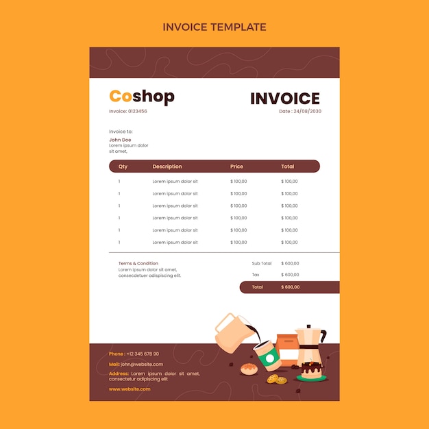 Flat design minimal coffee shop invoice