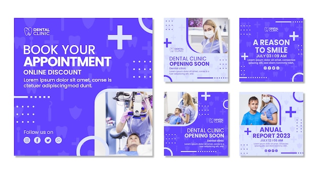 Free vector flat design minimal dental clinic instagram posts