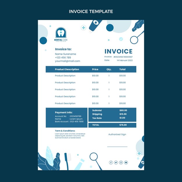 Минимальный шаблон счета стоматологической клиники в плоском дизайне