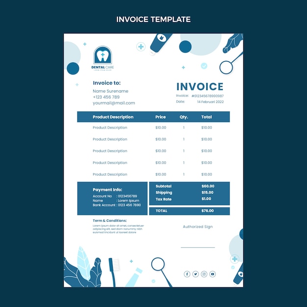Flat design minimal dental clinic invoice template