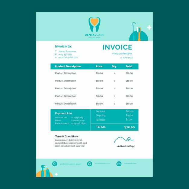 Минимальный шаблон счета стоматологической клиники в плоском дизайне