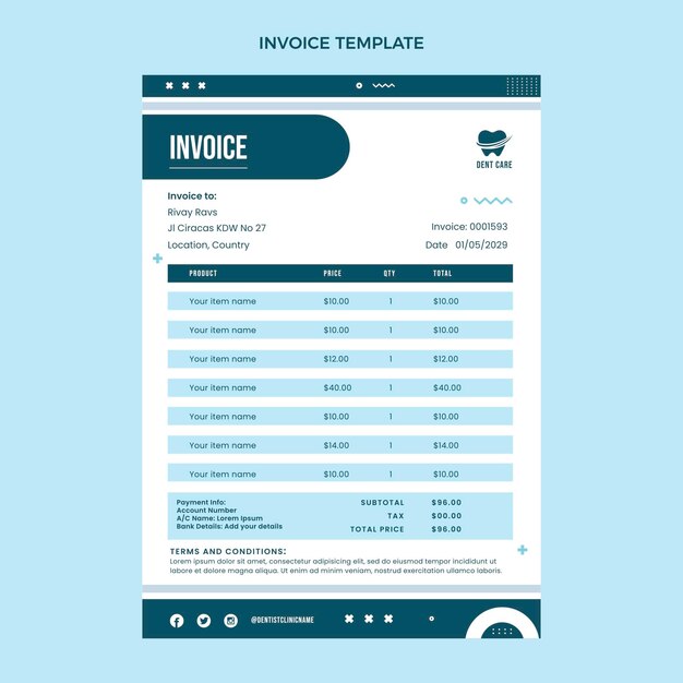 Flat design minimal dental clinic invoice