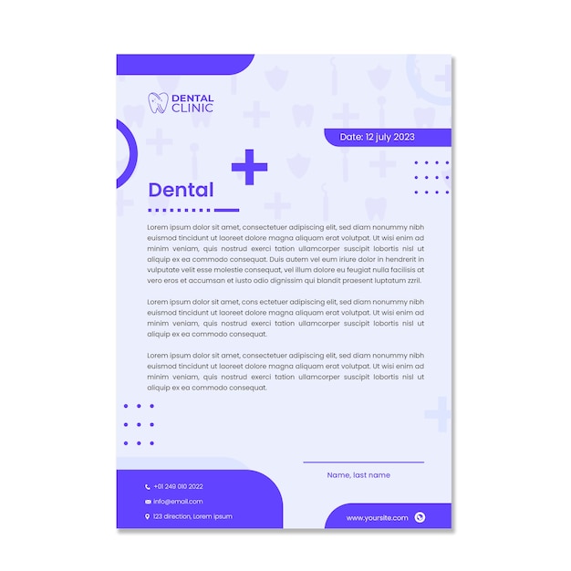 Vettore gratuito carta intestata minimale per clinica odontoiatrica dal design piatto