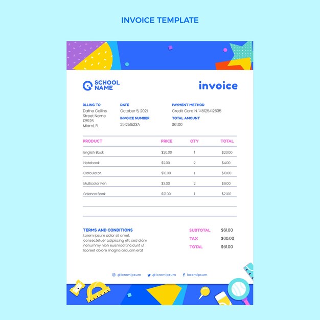 Flat design minimal international school invoice