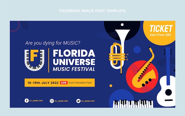 Vettore gratuito post di facebook del festival di musica minimale dal design piatto