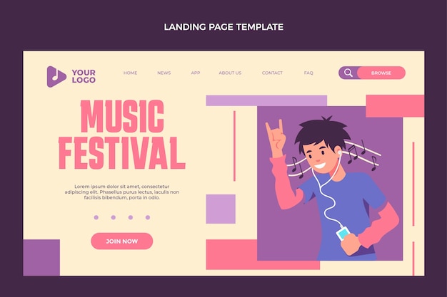 Плоский дизайн минимальной целевой страницы музыкального фестиваля