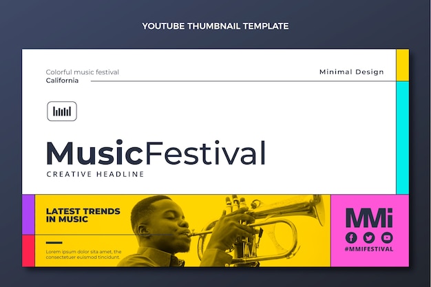 Vettore gratuito miniatura di youtube del festival di musica minimale dal design piatto