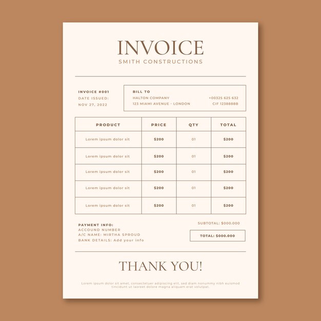 Flat design minimalist construction invoice