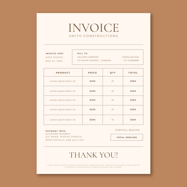 Flat design minimalist construction invoice